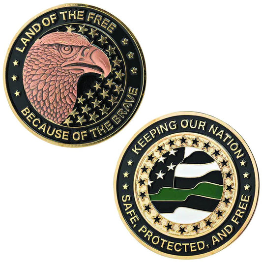 Thin Green Line Challenge Coin - "Keeping our Nation Safe, Protected and Free" - Interceptor Public Safety Products